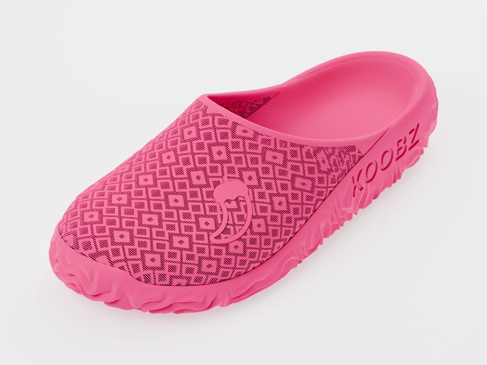 A customer pair, koobz pink, diamond back, three-quarter view, with a raised logo on the upper and KOOBZ cut into the sidewall